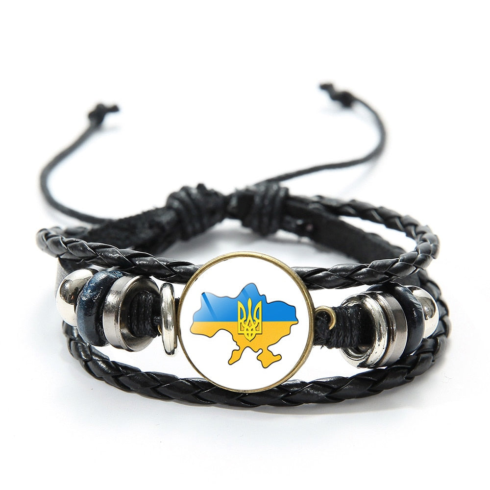 Classic Tryzub Ukraine Charm Bracelet Handmade Glass Gem Multilayer PU Leather Bracelet Ukrainian Wristband Unisex Jewelry
