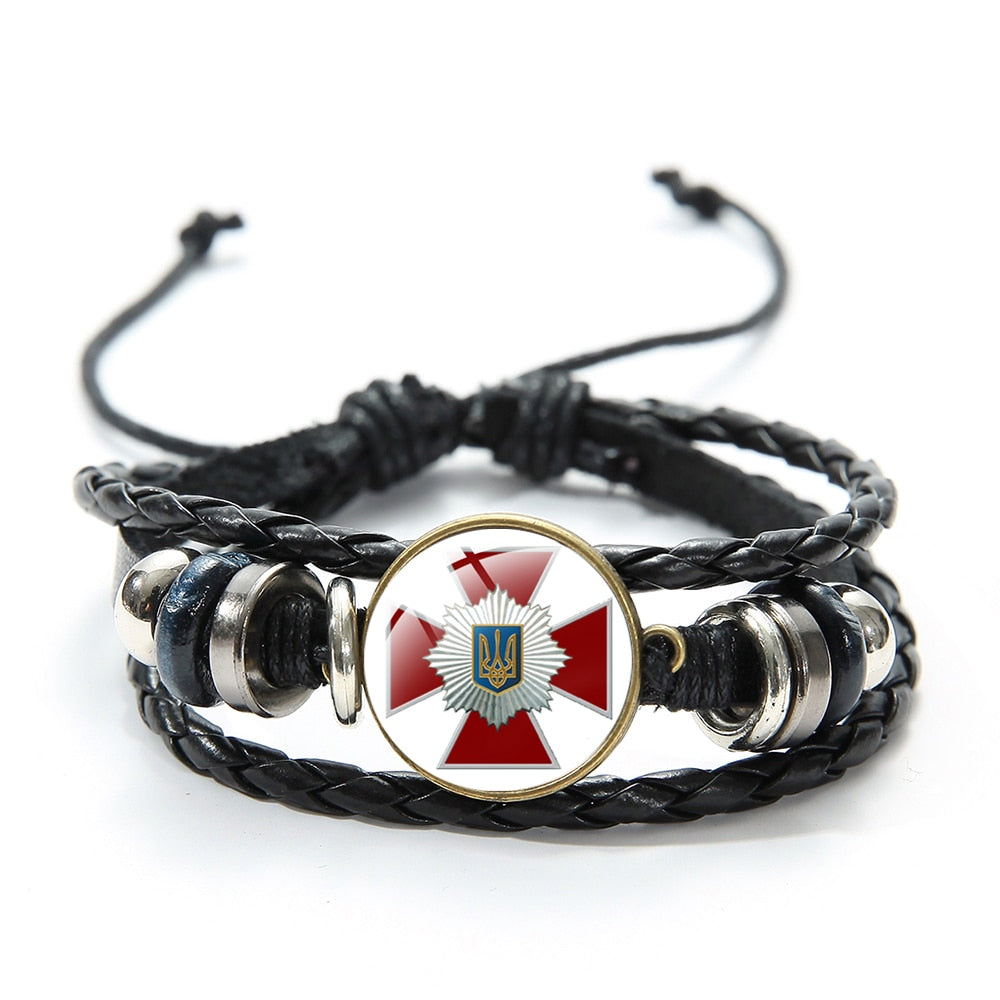 Classic Tryzub Ukraine Charm Bracelet Handmade Glass Gem Multilayer PU Leather Bracelet Ukrainian Wristband Unisex Jewelry