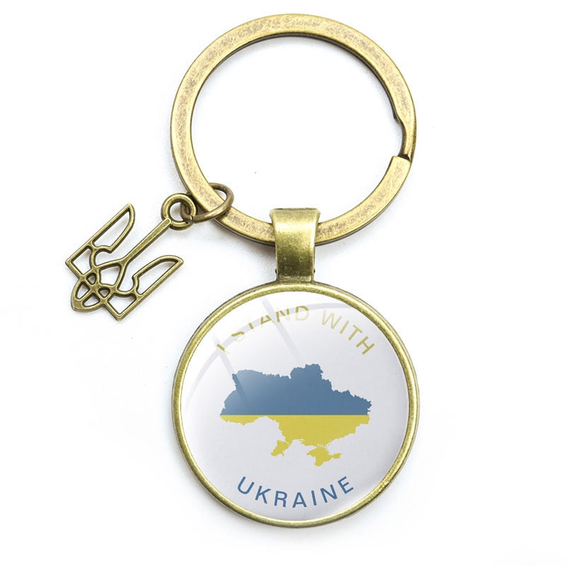 Tryzub Ukraine Keychain Handmade Glass Cabochon Retro Alloy Key Ring Ukrainian Symbol Badge Bag Pendant Car Key Chains Trinkets