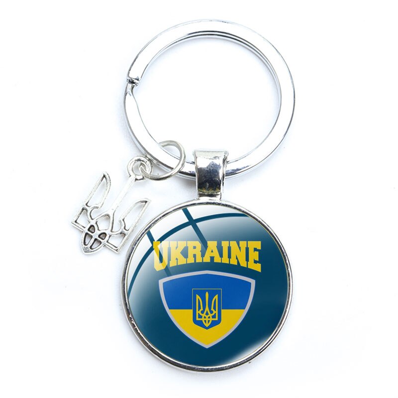 Tryzub Ukraine Keychain Handmade Glass Cabochon Retro Alloy Key Ring Ukrainian Symbol Badge Bag Pendant Car Key Chains Trinkets