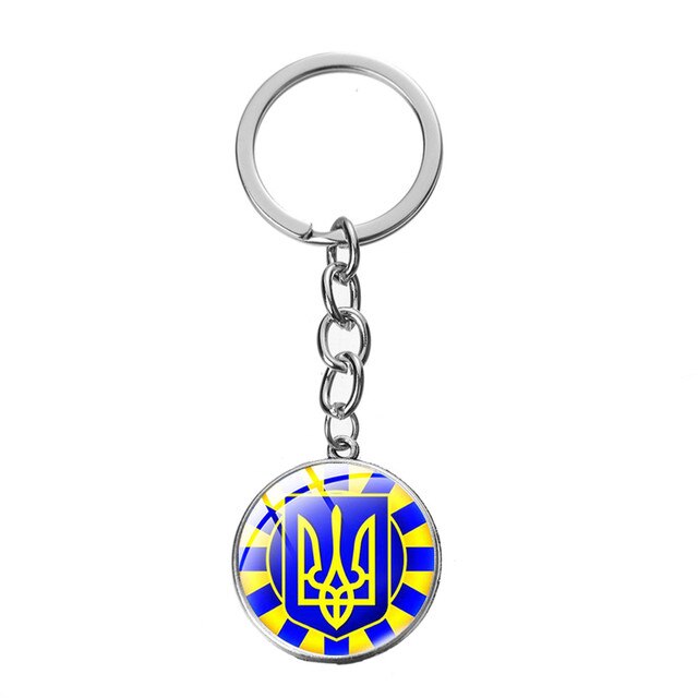 New Arrival Tryzub Ukraine Keychain Handmade Glass Cabochon Alloy Key Ring Ukrainian Badge Bag Bag Car Key Chain Trinkets