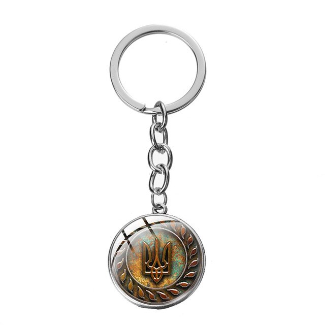 New Arrival Tryzub Ukraine Keychain Handmade Glass Cabochon Alloy Key Ring Ukrainian Badge Bag Bag Car Key Chain Trinkets
