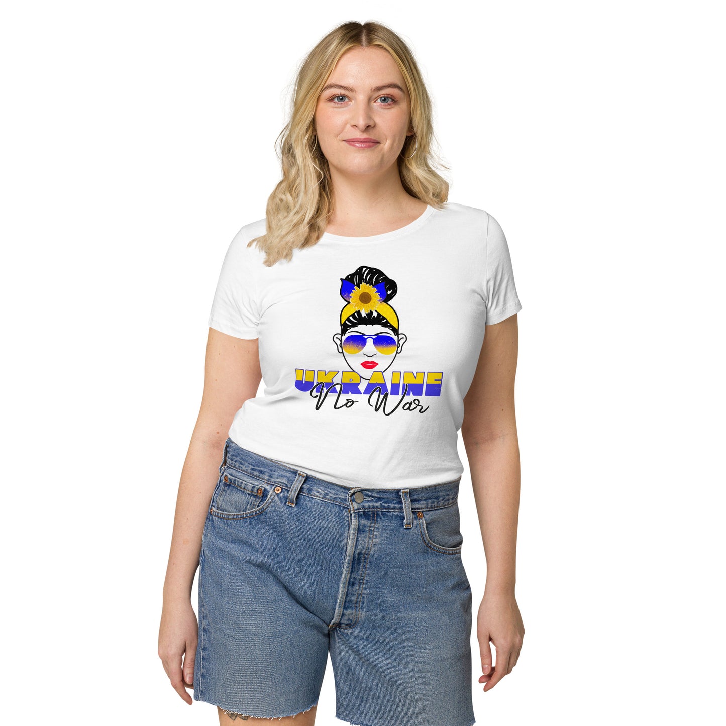 Women’s basic organic t-shirt | Ukraine no war Messy bun